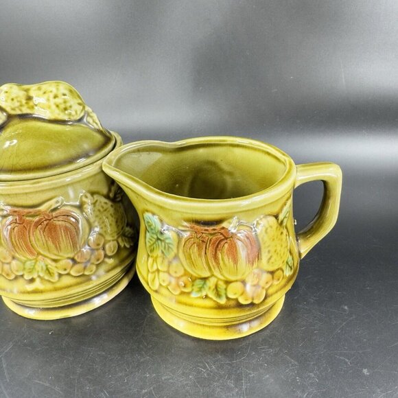 Vintage Ceramic Olive Green Sugar Bowl Creamer Fruit Veggies Made Japan Set - Picture 16 of 16